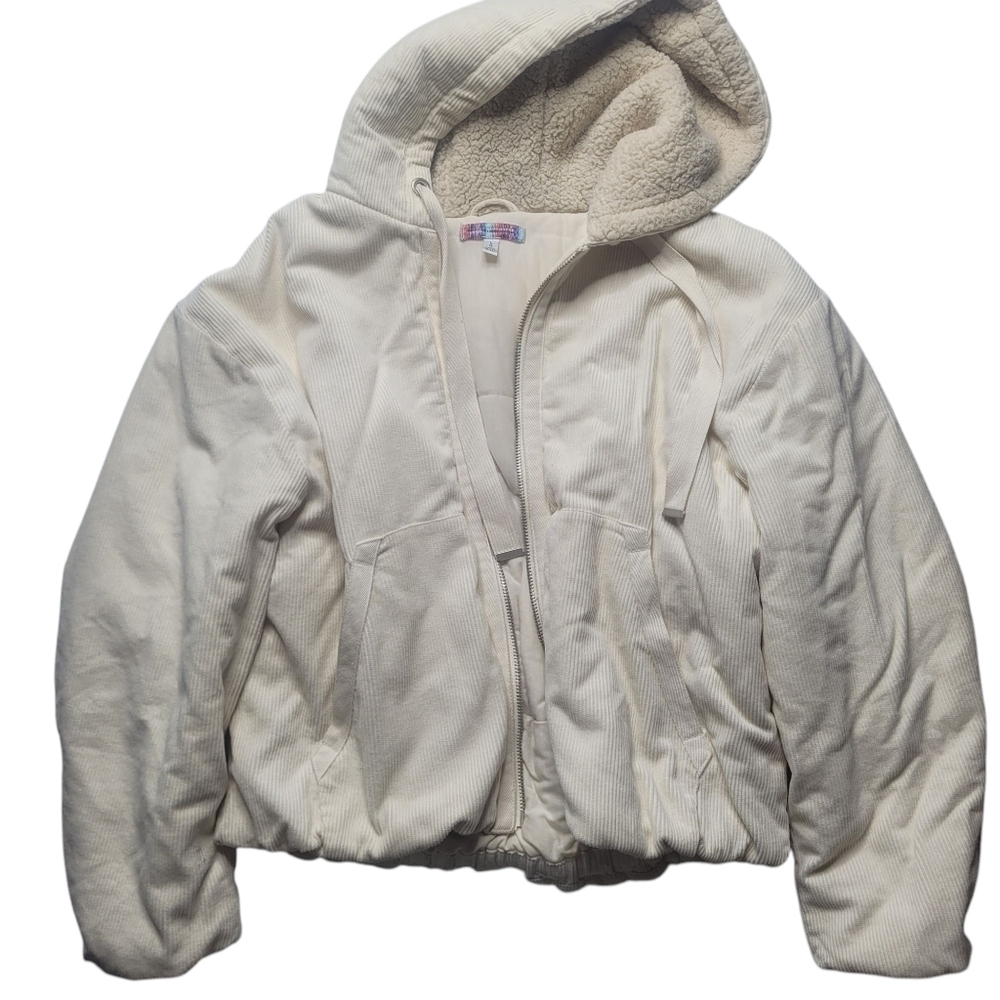 Urban Outfitters Casey Corduroy Zip Hooded Puffer Jacket White Ivory Large - Picture 2 of 13